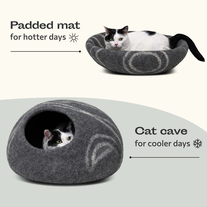 MEOWFIA Premium Felt Cat Bed Cave - Handmade 100% Merino Wool Bed for Cats and Kittens (Dark Shades) (Medium, Dark Grey)