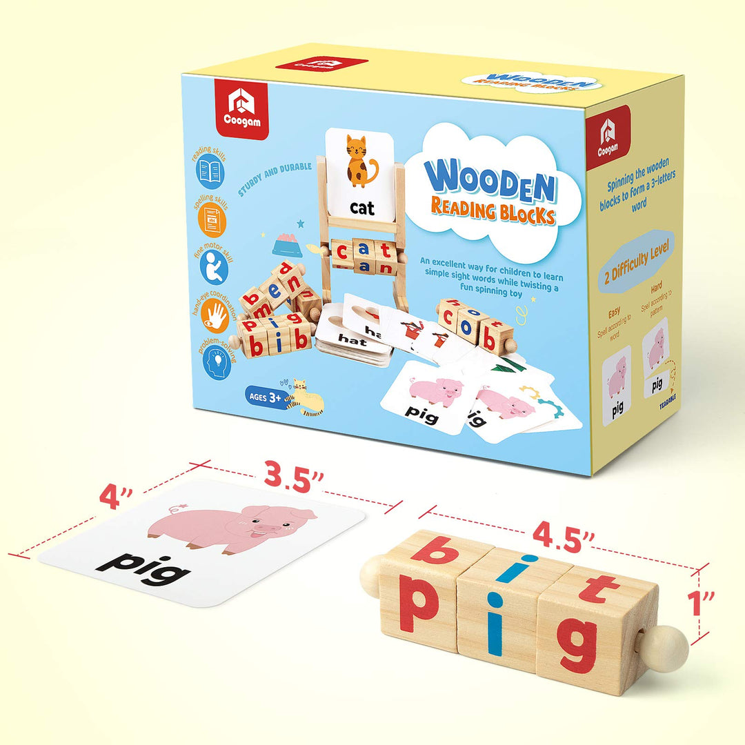 Coogam Wooden Reading Blocks Short Vowel Rods Spelling Games, Flash Cards Turning Rotating Letter Puzzle for kids, Sight Words Montessori Spinning Alphabet Learning Toy for Preschool Boys Girls