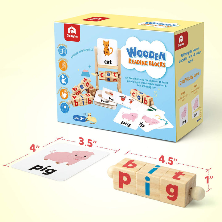 Coogam Wooden Reading Blocks Short Vowel Rods Spelling Games, Flash Cards Turning Rotating Letter Puzzle for kids, Sight Words Montessori Spinning Alphabet Learning Toy for Preschool Boys Girls