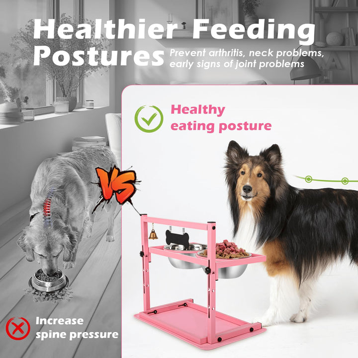 SHAINFUN Pink Raised Dog Bowl Stand with Two 1700ml Stainless Steel Food Bowl, a Slow Dog Feeder and Spill Proof Mat