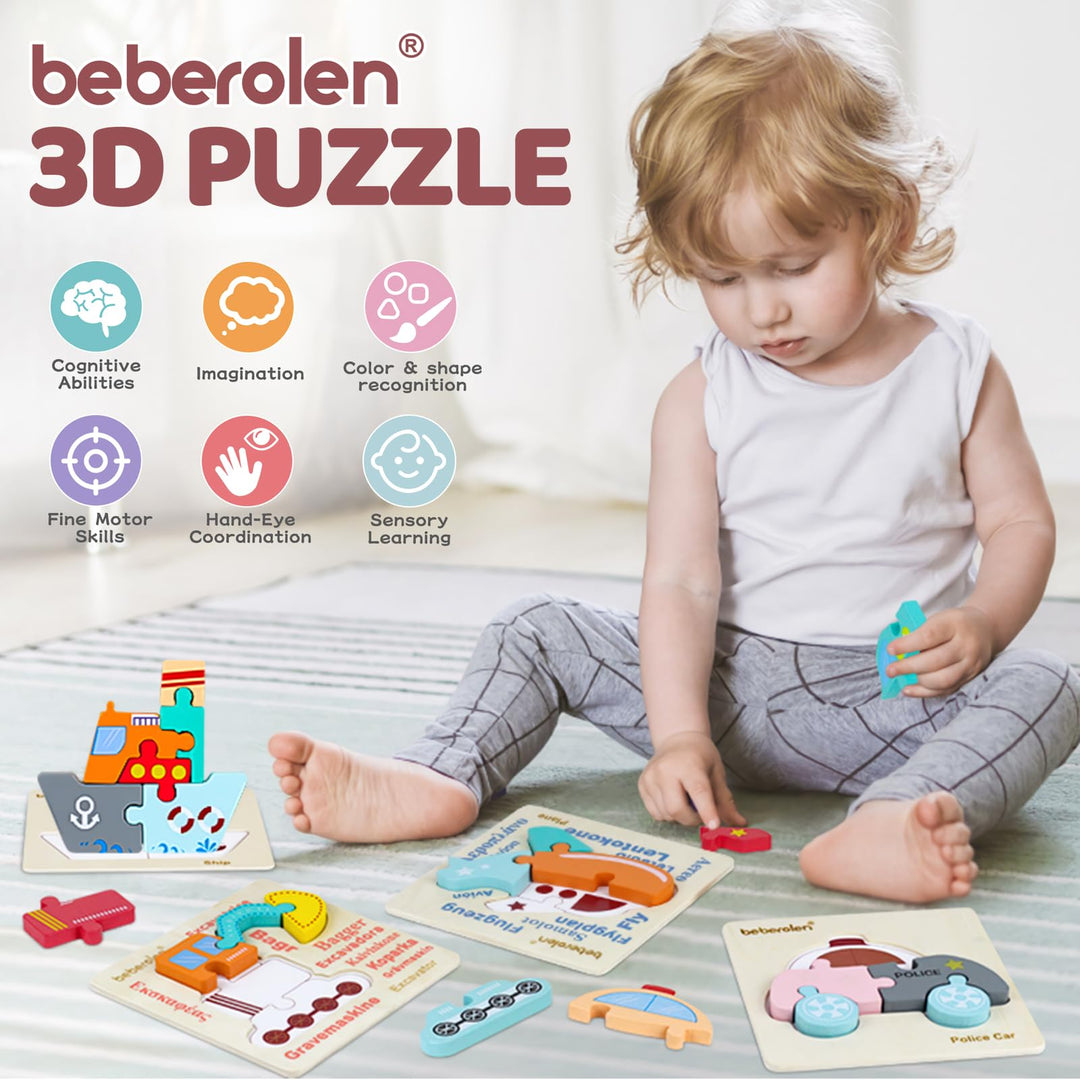 Beberolen Wooden Vehicle Puzzles for Toddlers 1 2 3 Years Old, Boys and Girls Educational Toys Gift with 4 Traffic Shape, Montessori Learning Toys for Kids Baby, Bright Vibrant Color Shape