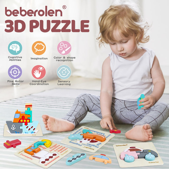 Beberolen Wooden Vehicle Puzzles for Toddlers 1 2 3 Years Old, Boys and Girls Educational Toys Gift with 4 Traffic Shape, Montessori Learning Toys for Kids Baby, Bright Vibrant Color Shape