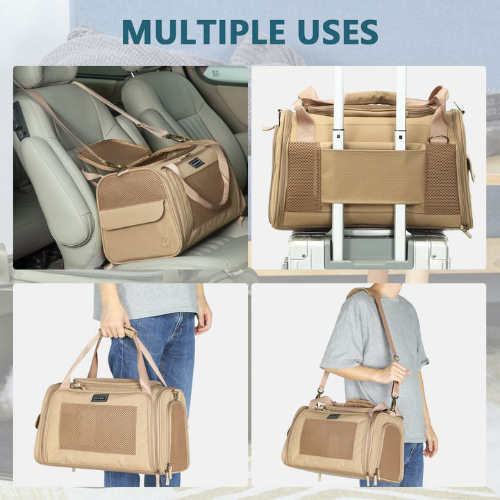 Petsfit Airline Approve Cat Carrier, Lightweight Travel Use Dog Carrier for Small Dogs, Quadrangle Oxford Fabric and Ventilation Mesh，Soft Sided Pet Travel Carrier with Expandable mat，Khaki