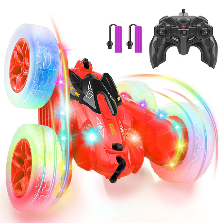 SGILE Remote Control Car, Stunt Car with Sides Light Strip and Headlights, 2.4Ghz Double Sided 360 Flips Rotating Race Car, Rechargeable RC Car Kids Toy for Boys Girls Birthday Gift, Red