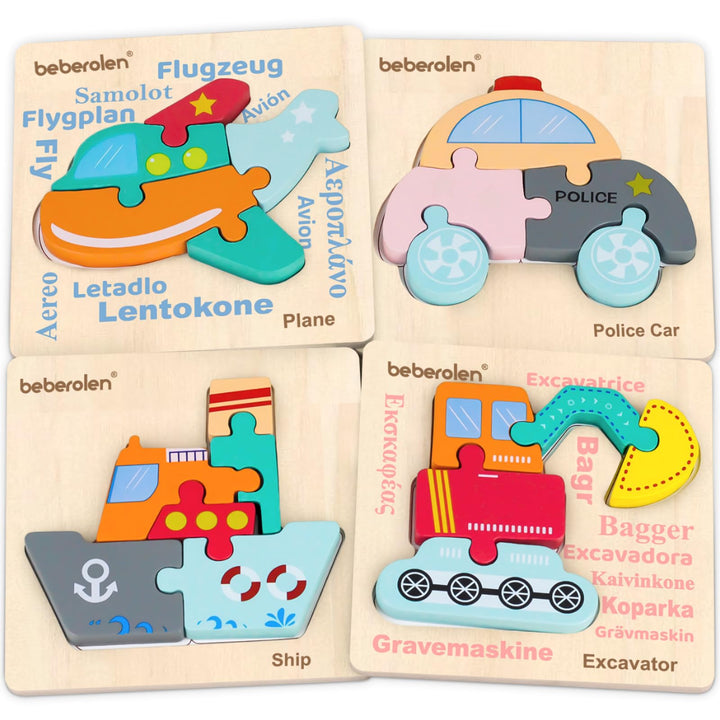 Beberolen Wooden Vehicle Puzzles for Toddlers 1 2 3 Years Old, Boys and Girls Educational Toys Gift with 4 Traffic Shape, Montessori Learning Toys for Kids Baby, Bright Vibrant Color Shape