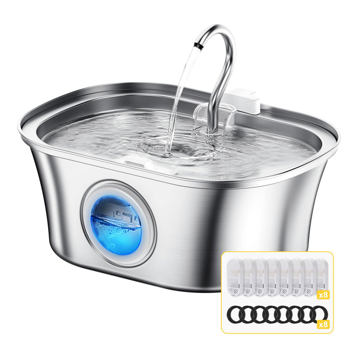 Cat Water Fountain for Drinking - 3.2L Stainless Steel Cat Water Fountain - Water Fountain Cat Bowl - Dog Water Fountain - Pet Water Dspensers Water Bowl with 8 Filters and 8 Foam Pre-Filter