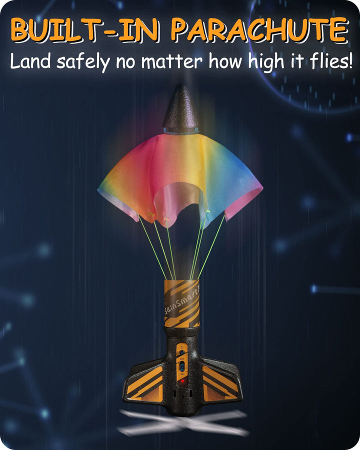 SainSmart Jr. Rocket Launcher for Kids, 200 Feet of Flight Altitude, Motorized Air Rocket with Parachute, Self-Launching Outdoor Toy with Safely Land, Black
