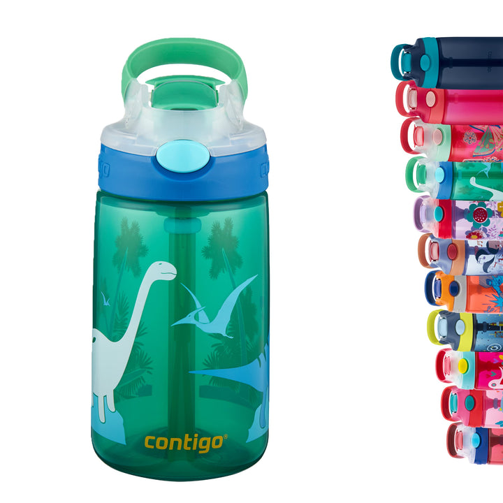 Contigo Kids Water Bottle Gizmo Flip Jungle Green Dino Autospout with Straw, BPA drinks bottle, leak-proof, ideal for kindergarten, school and sports, 420 ml,White