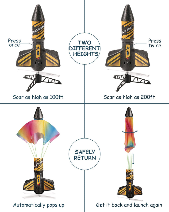 SainSmart Jr. Rocket Launcher for Kids, 200 Feet of Flight Altitude, Motorized Air Rocket with Parachute, Self-Launching Outdoor Toy with Safely Land, Black
