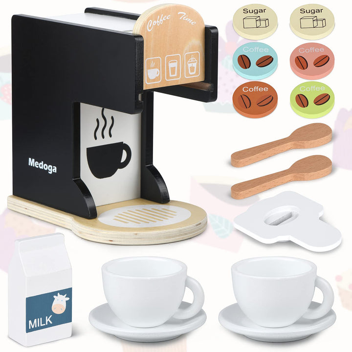 Play Kitchen Accessories Kids Wooden Coffee Maker Toy Espresso Machine Toddler Toy Kitchen Sets for Girls and Boys (black)