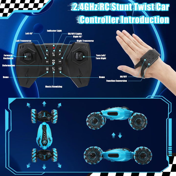 zootop Remote Control Car 2.4GHz RC Stunt Twist Car for Kids Transforming Gesture Racing Crawler Double Sided 360 Rotation RC Cars Toy with Lights Spray Music and 2 Rechargeable Batteries for kids