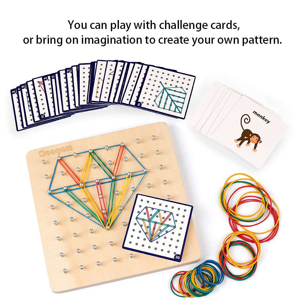 Coogam Wooden Geoboard Mathematical Manipulative Material Array Block Geo Board – Graphical Educational Toys with 30Pcs Pattern Cards and Latex Bands Shape STEM Puzzle Matrix 8x8 Brain Teaser for Kid