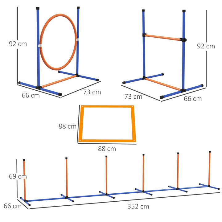 PawHut Dog Agility Equipment Set, 8 Piece Outdoor Agility Kit w/Weave Poles, Adjustable High Jump Ring, Hurdle, Pause Box, Tennis Balls, Whistle, Training Shorts, Carrying Bag, for Dogs - Orange