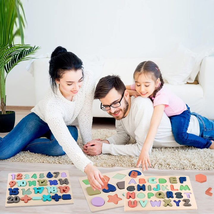 Voamuw Wooden Puzzles for Toddlers, wood Alphabet Number Shape Jigsaw for 3 4 5 Year Old Kids, Montessori Learning Educational Toys Gift for Boys Girls (Set of 3)