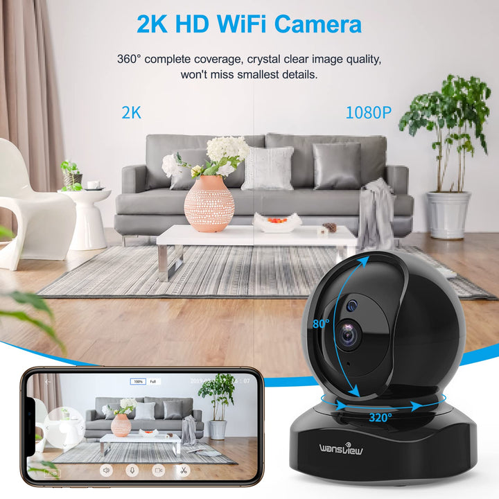 wansview WiFi IP Baby Camera, 2K Wireless Home Security Camera Q5 for Baby, Elder, Pet Camera Monitor with Real-time Alert, 2-Way Audio Night Vision Pan Tilt Zoom, Works with Alexa (Black)