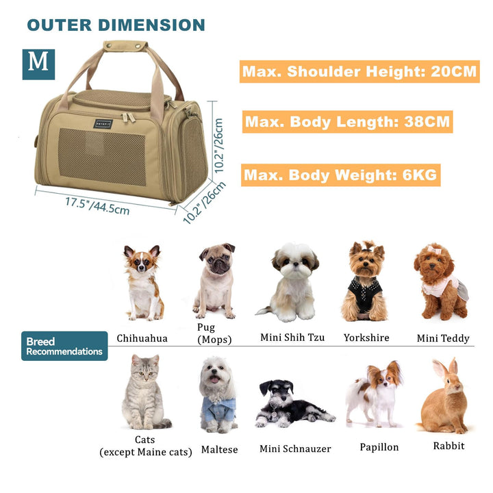 Petsfit Airline Approve Cat Carrier, Lightweight Travel Use Dog Carrier for Small Dogs, Quadrangle Oxford Fabric and Ventilation Mesh，Soft Sided Pet Travel Carrier with Expandable mat，Khaki