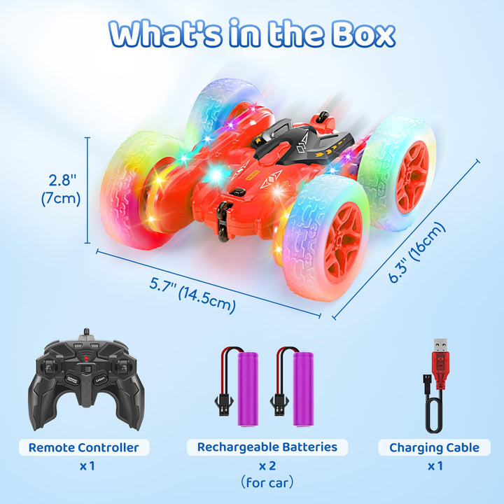 SGILE Remote Control Car, Stunt Car with Sides Light Strip and Headlights, 2.4Ghz Double Sided 360 Flips Rotating Race Car, Rechargeable RC Car Kids Toy for Boys Girls Birthday Gift, Red