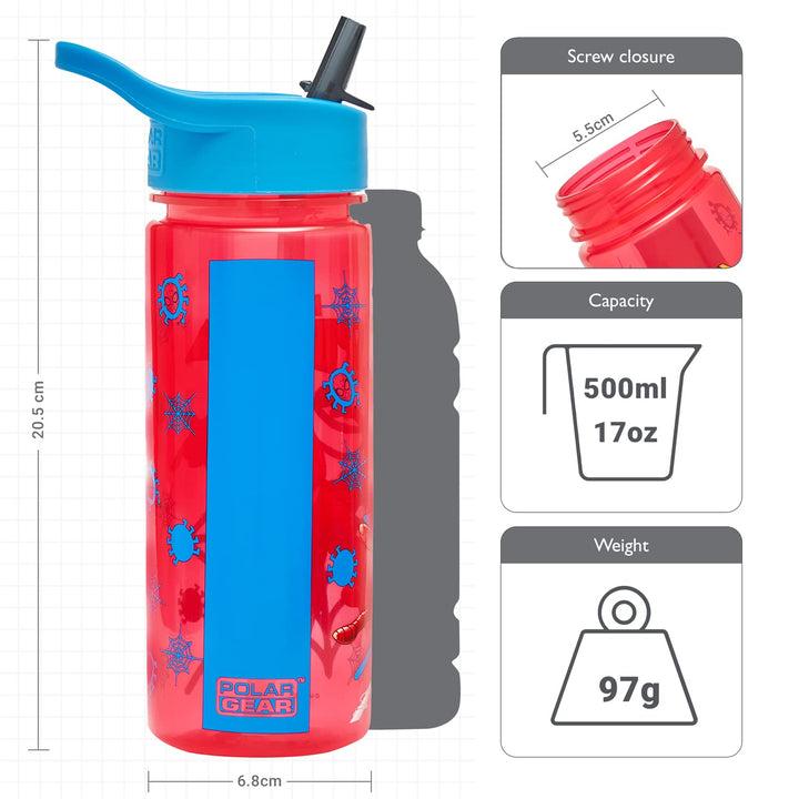 Marvel Spider-Man Personalised Sticker Water Bottle with Straw 500ml – Official Merchandise by Polar Gear Kids Reusable Non Spill BPA Free Tritan – Ideal For School Nursery Sports Picnic , Red & Blue