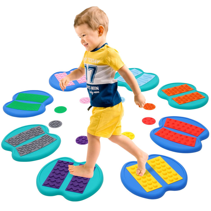 Sensory Stepping Stones for Kids,8pcs Tactile Discs with Non-slip Texture Silicone Bottom Playset