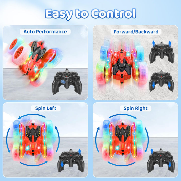 SGILE Remote Control Car, Stunt Car with Sides Light Strip and Headlights, 2.4Ghz Double Sided 360 Flips Rotating Race Car, Rechargeable RC Car Kids Toy for Boys Girls Birthday Gift, Red