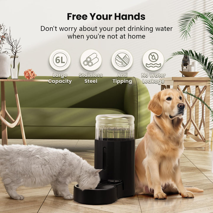 JUNSPOW Pet Water Dispensers, 6L Gravity Large Capacity Stainless Steel Water Dispenser, 100% BPA-Free Automatic Pet Waterer for Cats & Small/Medium-Sized Dogs, Black