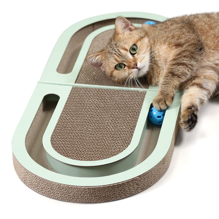 PETTOM Cat Scratcher, Cat Scratching Board with Trackball, Recycle Corrugate Reversible Cat Scratcher Cardboard for Indoor Cats，Foldable Cat Scratch Pad with Interactive Bell Ball Design