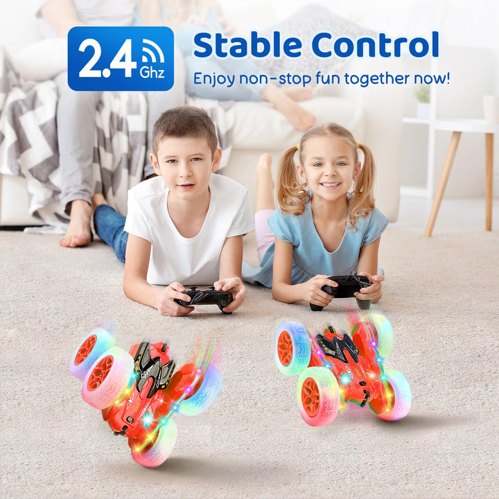 SGILE Remote Control Car, Stunt Car with Sides Light Strip and Headlights, 2.4Ghz Double Sided 360 Flips Rotating Race Car, Rechargeable RC Car Kids Toy for Boys Girls Birthday Gift, Red