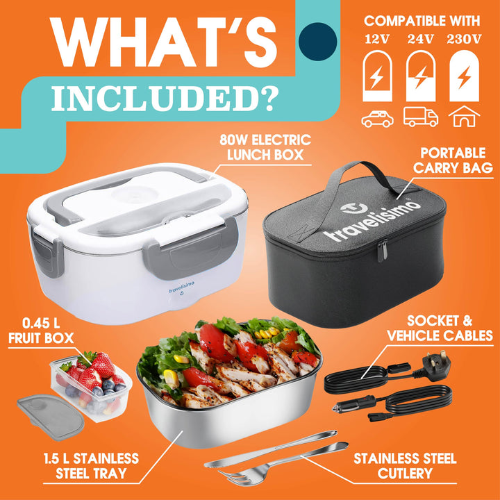 TRAVELISIMO Electric Lunch Box Food Heater 80W Heated Lunch Box 1.5L Food Warmer Container Hot Food in Car Truck & Office, 12V/24V/230V Heated Lunch Boxes for Adults, Stainless Steel Hot Lunch Box