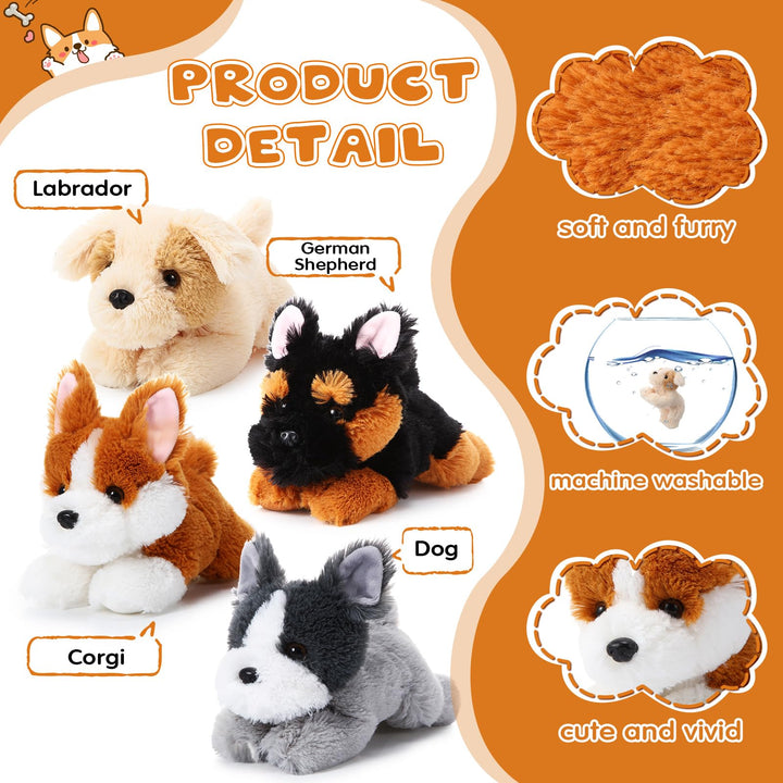 4 Pack 8 Inch Dog Plush Stuffed Animal Soft Fluffy Puppy Pillow Set Dog Theme Party
