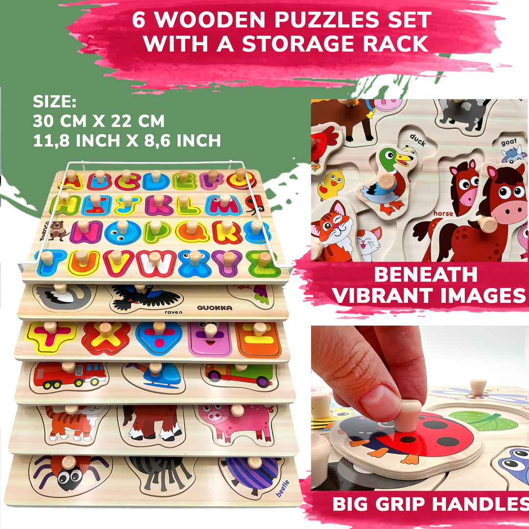 Toddler Educational Toys for 1 2 Years Old Boys and Girls - 6 Alphabet Wooden Puzzles for 2 3 Year Old with Rack by QUOKKA - Montessori Gift Toys for Boys and Girls - ABC Learning Toys