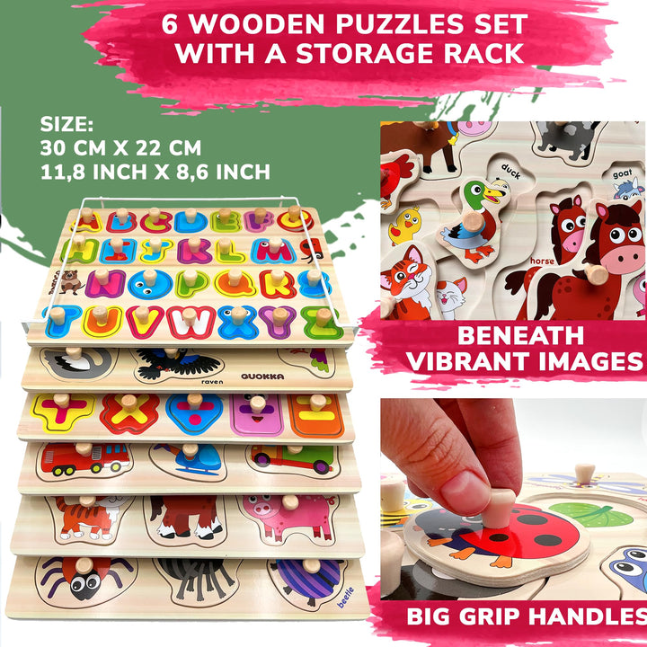 Toddler Educational Toys for 1 2 Years Old Boys and Girls - 6 Alphabet Wooden Puzzles for 2 3 Year Old with Rack by QUOKKA - Montessori Gift Toys for Boys and Girls - ABC Learning Toys