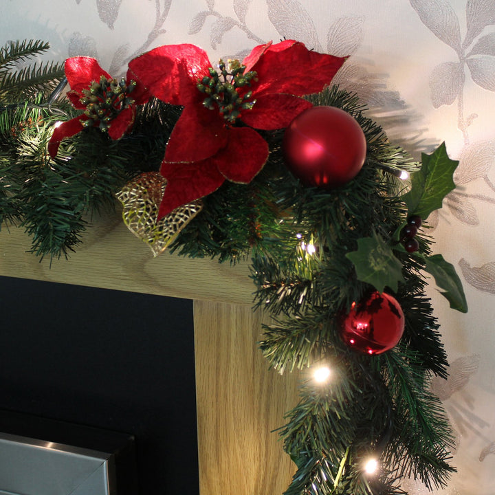 Pre-Lit 9ft Christmas Garland with Warm White LEDs – Red/Gold