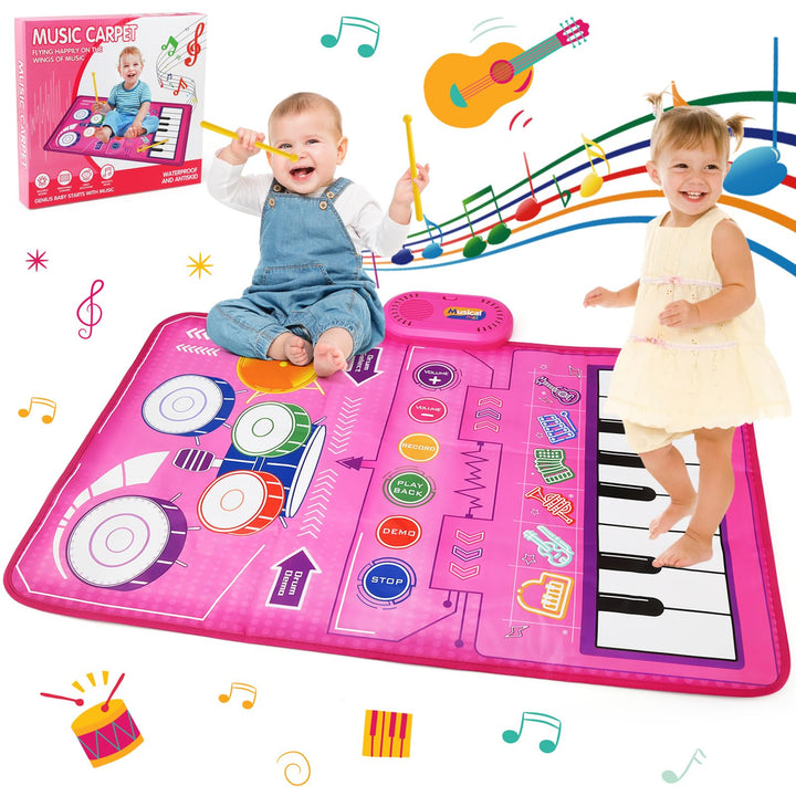 BelleStyle Musical Toys for 1 2 3 Year Old Girls, 2 in 1 Piano & Drum Music Mat for Kids