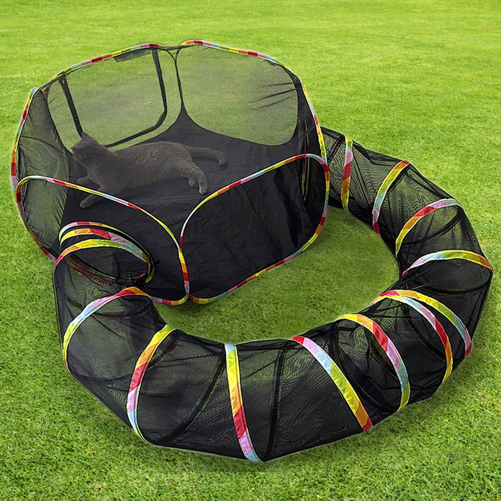 Outdoor Rainbow Cat Enclosures Playground,Outside House for Indoor Cats Include Portable Cat Tent, Circle Playpen Tunnel, for Kitty and Small Animals,Within Storage Bag (Iridescent)