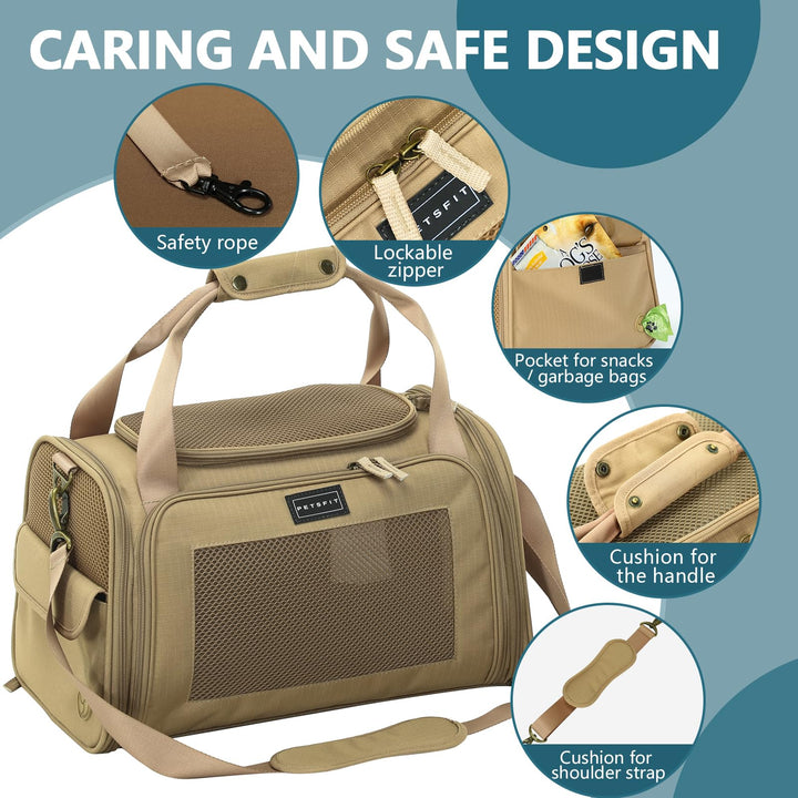 Petsfit Airline Approve Cat Carrier, Lightweight Travel Use Dog Carrier for Small Dogs, Quadrangle Oxford Fabric and Ventilation Mesh，Soft Sided Pet Travel Carrier with Expandable mat，Khaki