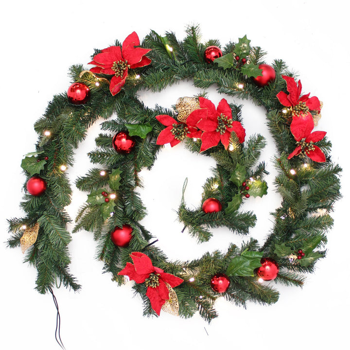 Pre-Lit 9ft Christmas Garland with Warm White LEDs – Red/Gold