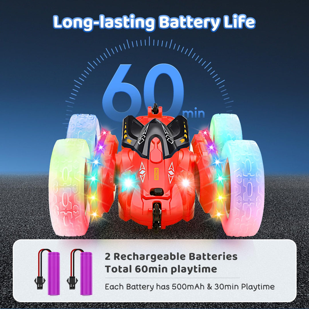 SGILE Remote Control Car, Stunt Car with Sides Light Strip and Headlights, 2.4Ghz Double Sided 360 Flips Rotating Race Car, Rechargeable RC Car Kids Toy for Boys Girls Birthday Gift, Red