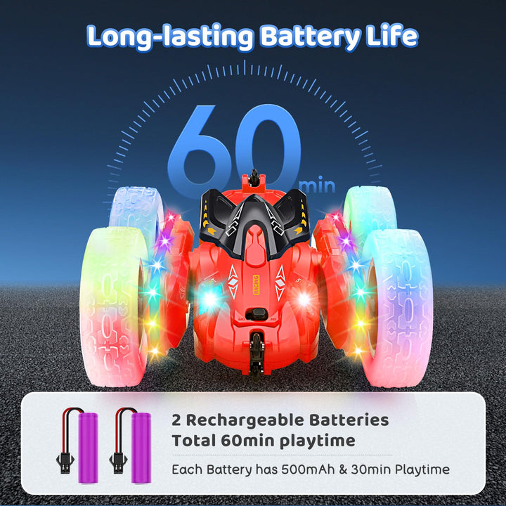 SGILE Remote Control Car, Stunt Car with Sides Light Strip and Headlights, 2.4Ghz Double Sided 360 Flips Rotating Race Car, Rechargeable RC Car Kids Toy for Boys Girls Birthday Gift, Red