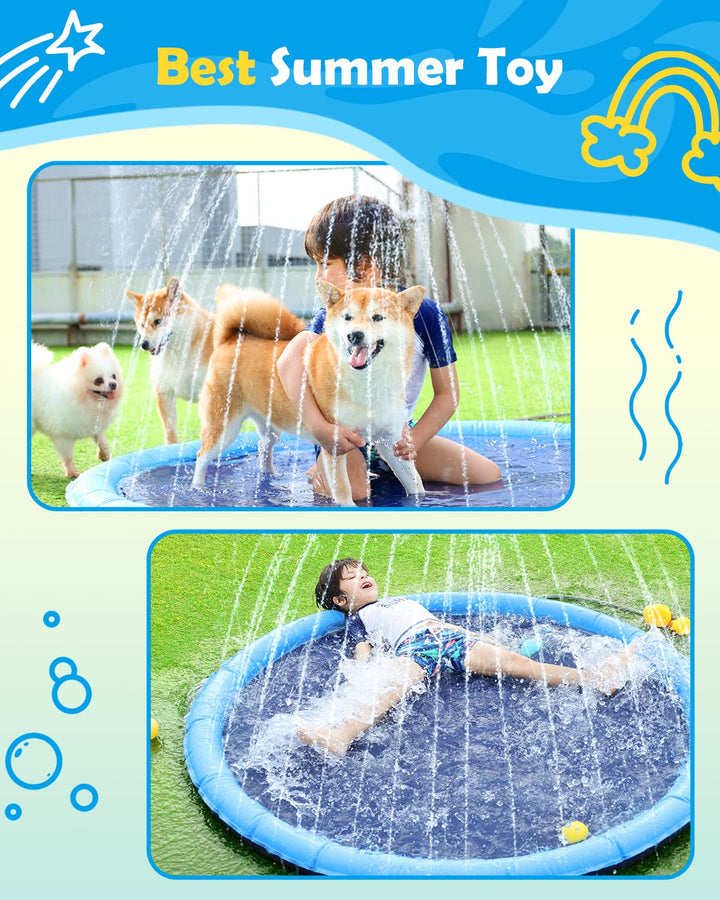 Peteast Dog Splash Pad Anti-Slip Dog Pools for Large Dogs 0.58mm Thick Dog Sprinkler Water Toy (Blue, 67 in)