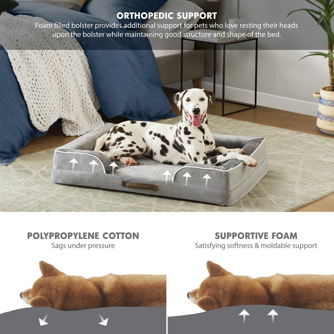 Codi Large Memory Foam Layer Dog Bed, Washable Orthopedic Dog Bed Couch with Removable Zipper Cover, Waterproof Dog Bed Sofa Bed, Grey, 91x68x(7.5+8.9) cm
