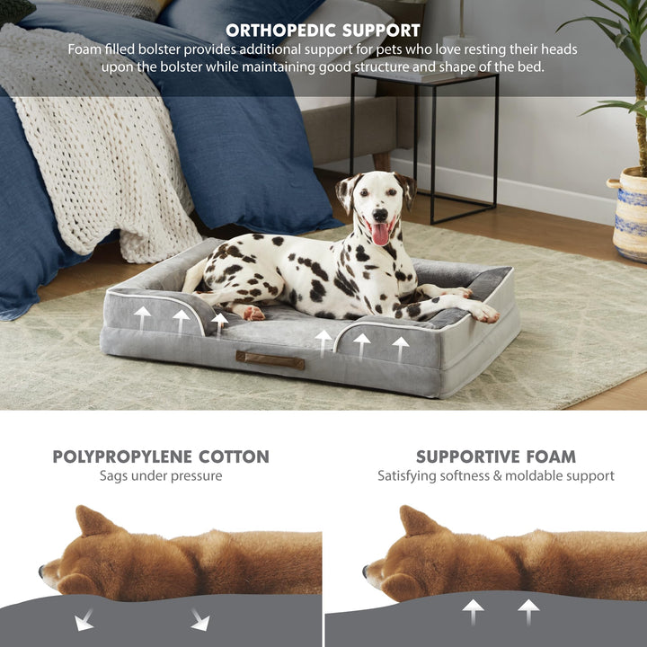 Codi Large Memory Foam Layer Dog Bed, Washable Orthopedic Dog Bed Couch with Removable Zipper Cover, Waterproof Dog Bed Sofa Bed, Grey, 91x68x(7.5+8.9) cm