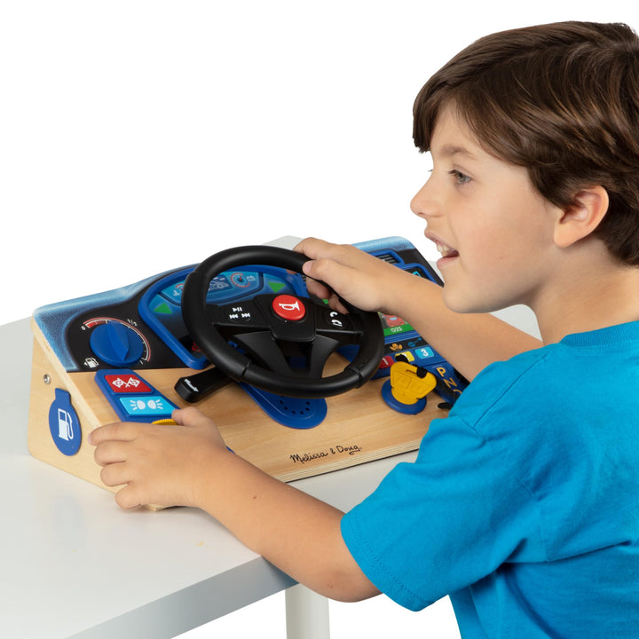 Melissa & Doug Vroom & Zoom Dashboard Toy, Wooden Dashboard, Toy with lights and sound effects, Realistic play steering wheel, Pretend Play, Ages 3,4,5, Gift for Boy or Girl