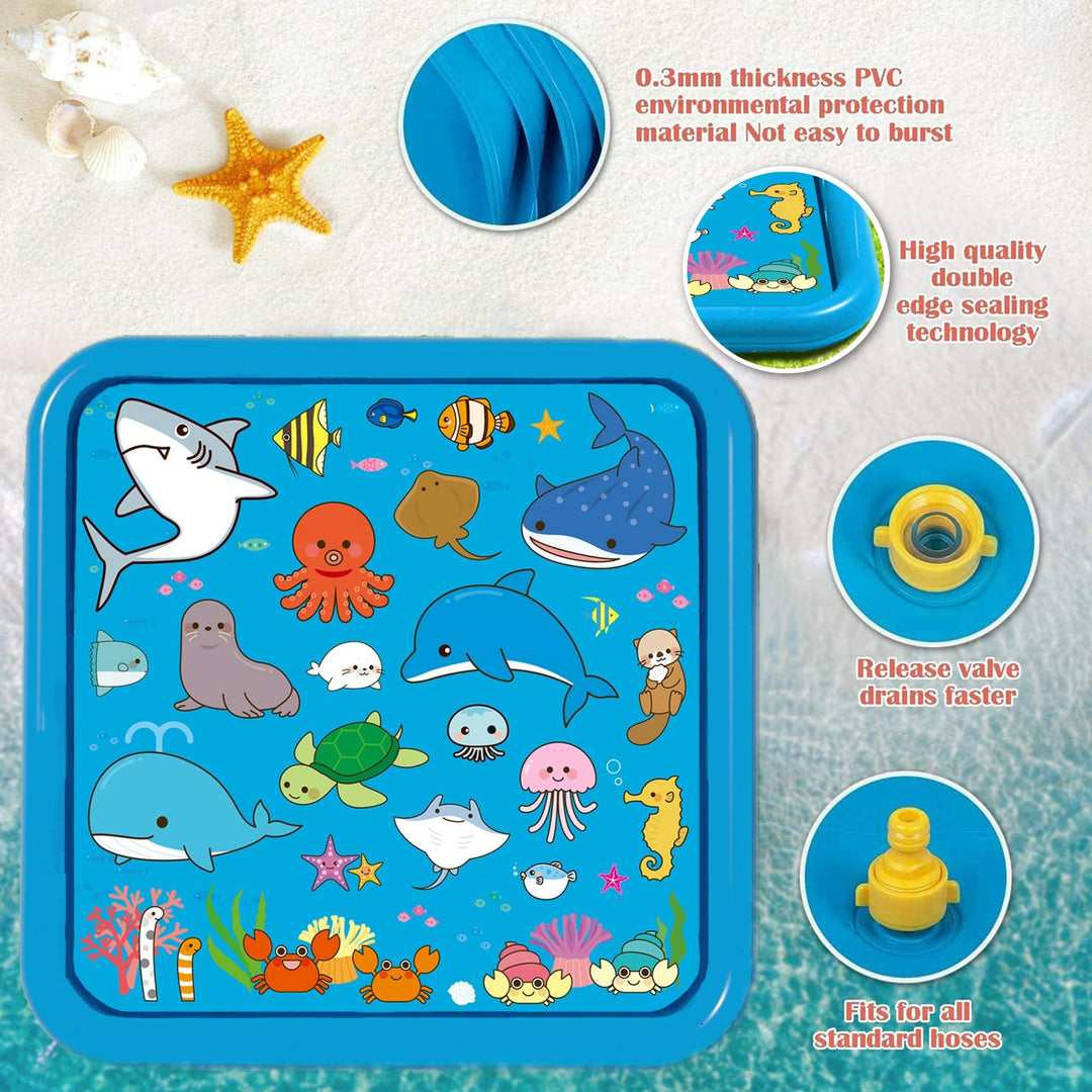 Chennyfun Kids Splash Pad, 68'' Sprinkler & Splash Play Mat for Animals Learning