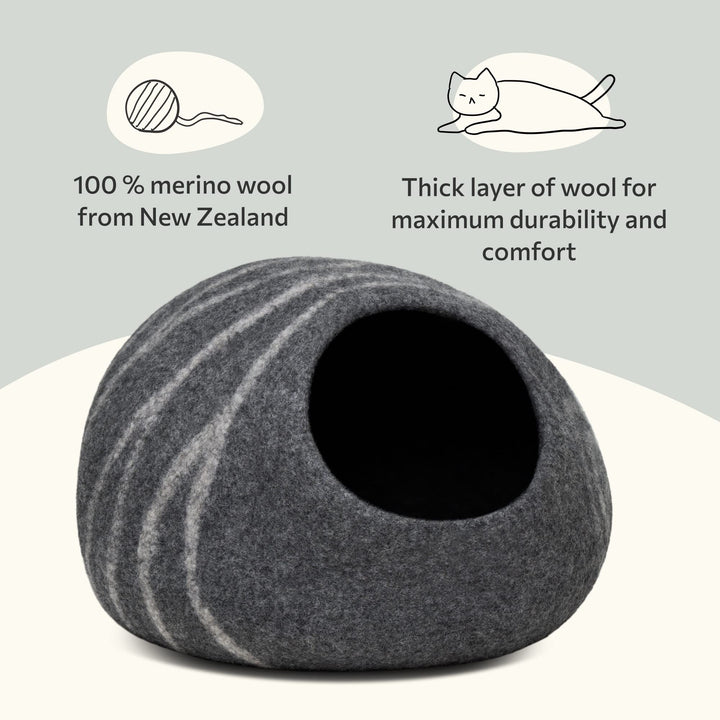 MEOWFIA Premium Felt Cat Bed Cave - Handmade 100% Merino Wool Bed for Cats and Kittens (Dark Shades) (Medium, Dark Grey)