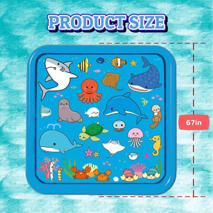 Chennyfun Kids Splash Pad, 68'' Sprinkler & Splash Play Mat for Animals Learning