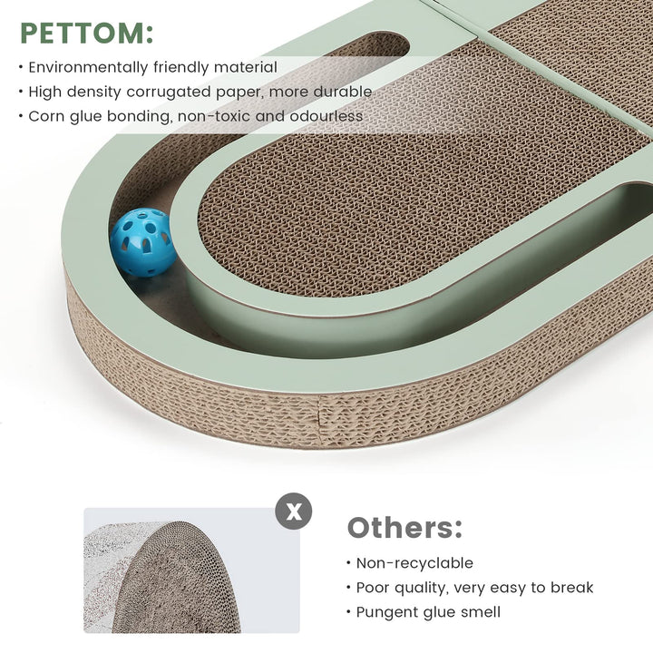 PETTOM Cat Scratcher, Cat Scratching Board with Trackball, Recycle Corrugate Reversible Cat Scratcher Cardboard for Indoor Cats，Foldable Cat Scratch Pad with Interactive Bell Ball Design