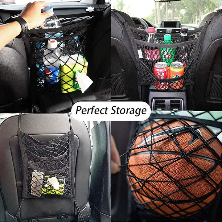 Candora Car Dog Guard Pet Barrier Dog Car Net Barrier with Auto Safety Mesh Organizer Stretchable Storage Bag Universal for Cars, SUVs,3 Layer Pet Dogs Car Driving Accessories Safety Travel