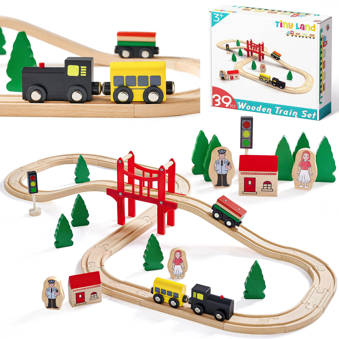 Wooden Train Set for Toddler - 39 Piece- with Wooden Tracks Fits Thomas/Brio/Chuggington/Melissa and Doug