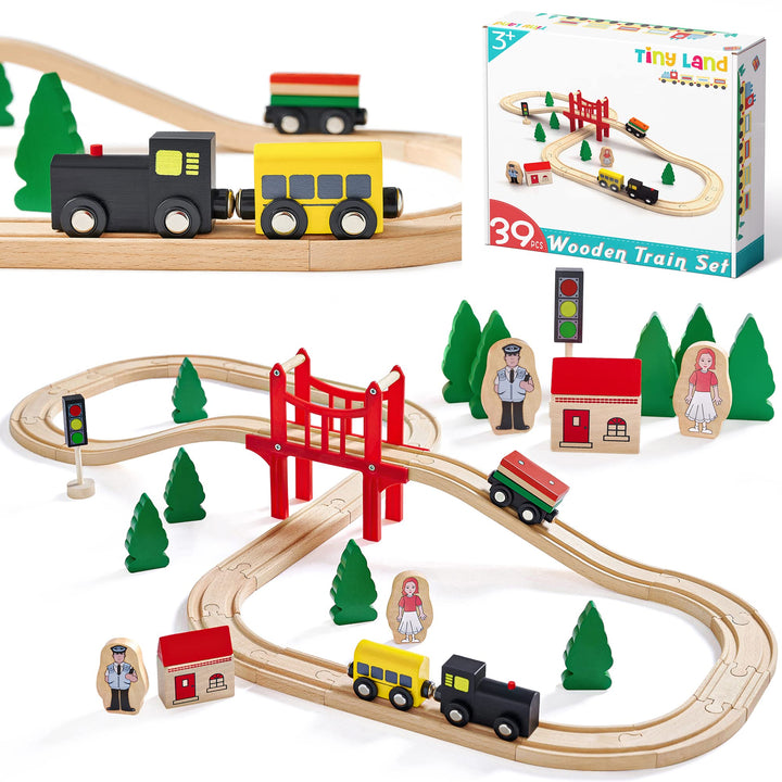 Wooden Train Set for Toddler - 39 Piece- with Wooden Tracks Fits Thomas/Brio/Chuggington/Melissa and Doug