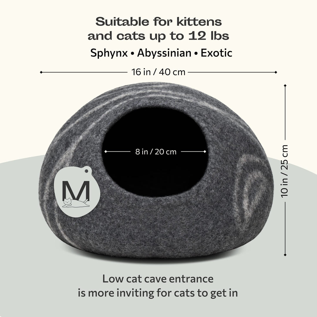 MEOWFIA Premium Felt Cat Bed Cave - Handmade 100% Merino Wool Bed for Cats and Kittens (Dark Shades) (Medium, Dark Grey)